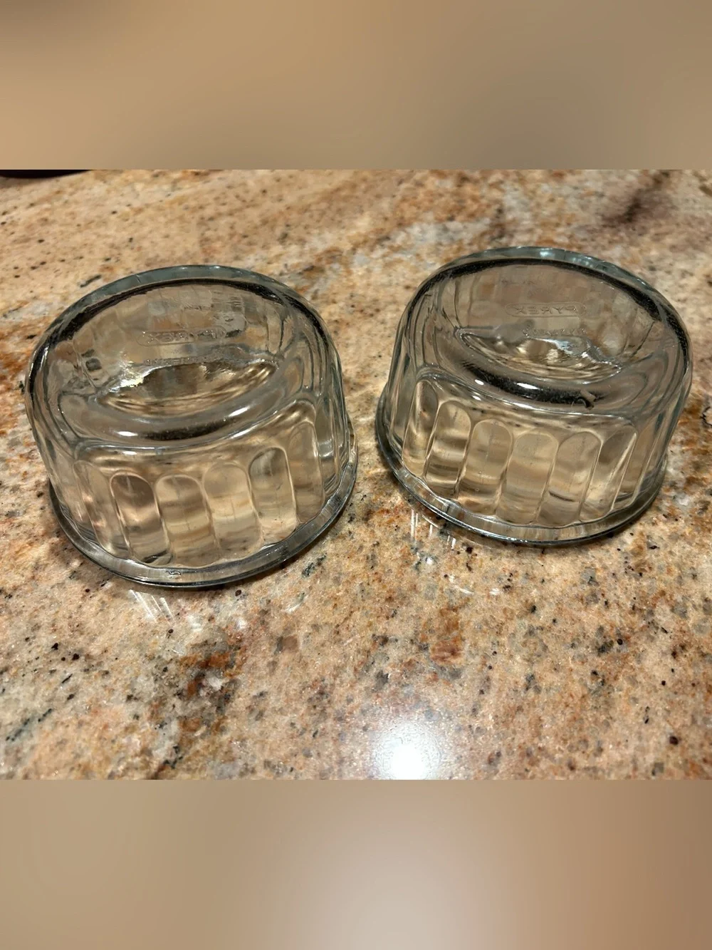 Pyrex England Set of 2 Aqua Tint Ribbed 8 oz Oven Ramekins 4”x2” deep. No chips